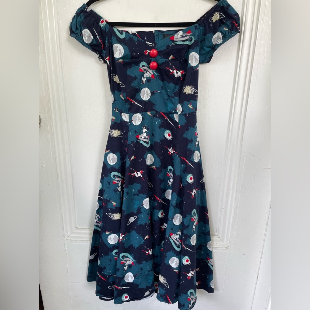 Collectif Blue Cosmic Space Babe Rocket Print Dress WITH POCKETS!!! - Picture 8 of 8